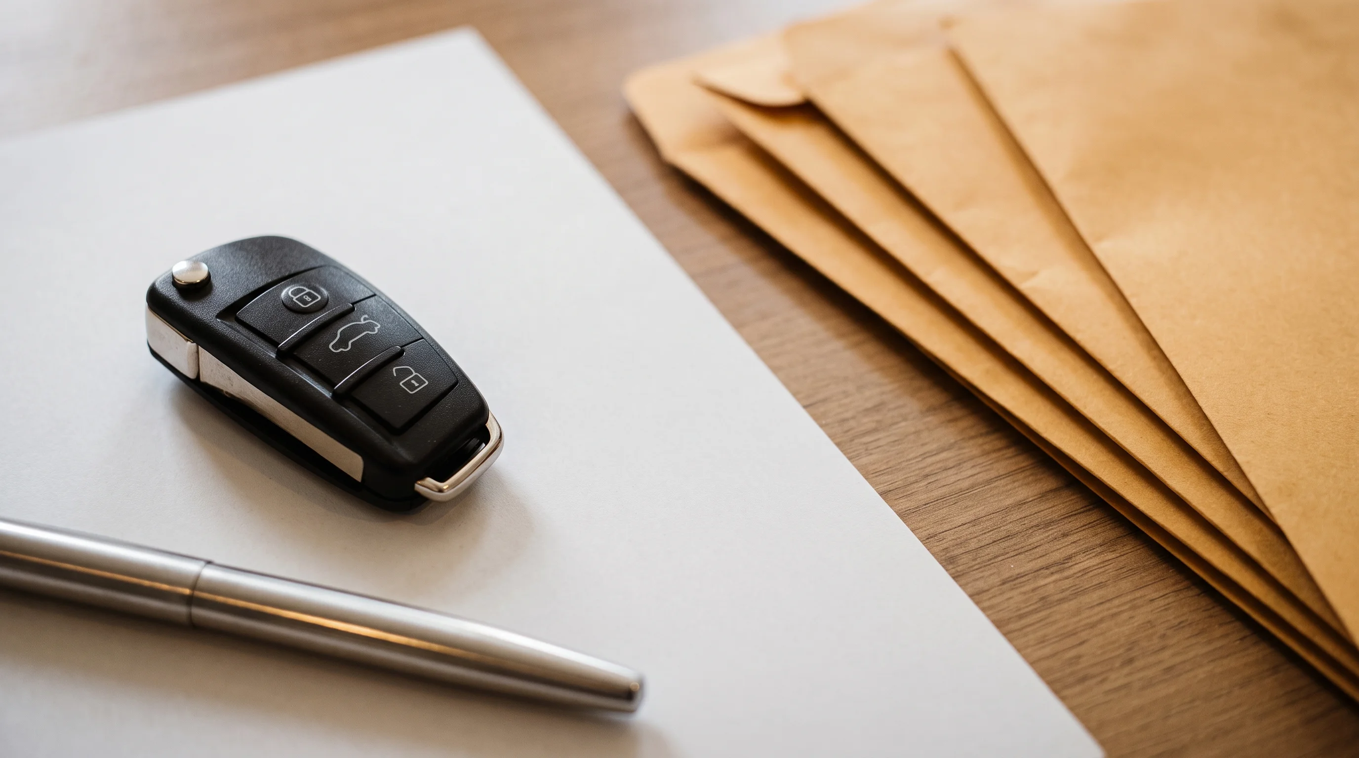 Car key fob resting on a signed sale agreement next to a pen and brown envelopes