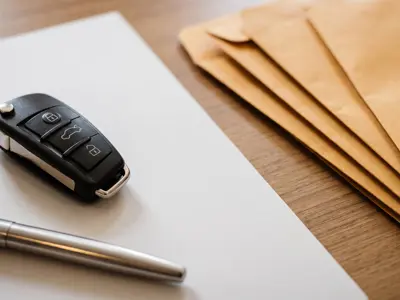 Car key fob resting on a signed sale agreement next to a pen and brown envelopes