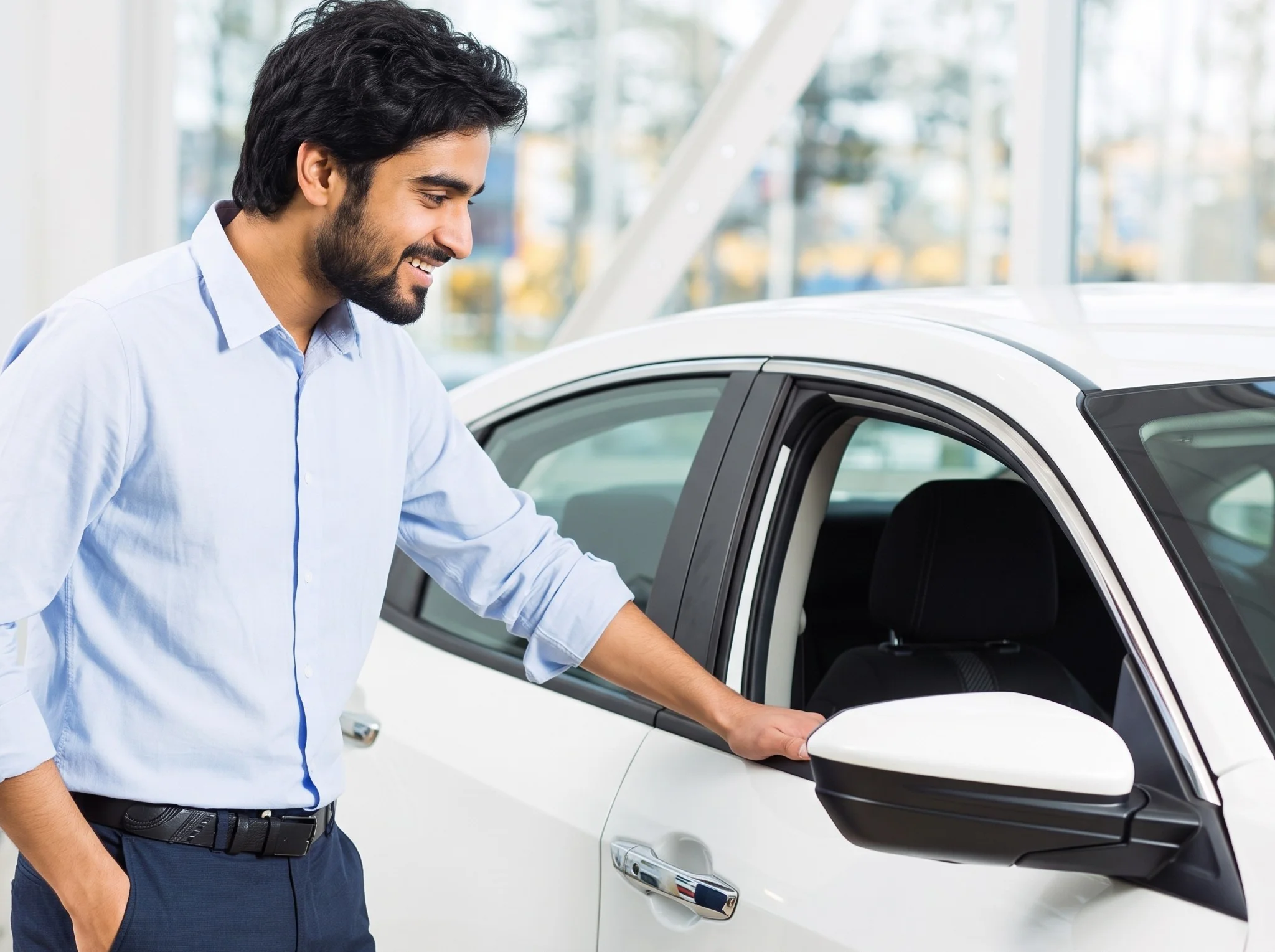 A buyer leaning over a car to inspect before a purchase