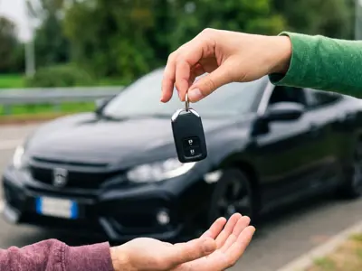 Car keys being handed over in front of a parked car